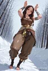 1girl ai_generated armpits arms_up artist_name bandaged_arm bandages braid breasts brown_eyes brown_hair brown_pants feet freckles freya_(god_of_war) full_body futarush god_of_war god_of_war_ragnarok jewelry long_hair looking_at_viewer necklace no_shoes outdoors pants patreon patreon_username rabbit_pose sleeveless smile snow snowing solo standing stirrup_legwear sultryspark toeless_legwear toes