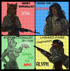 ak12 aleone alyph_ironclaws anarchist anarchy_symbol anthro assault_rifle athletic backpack bandana beret bodypaint bra brown_body brown_fur camo canid canine canis cigar clothed clothing communism dark_fur dark_hair dark_skin dog_tags drugs english_text felid feline felis female fingerless_gloves fur gloves green_body green_fur group gun handwear hat headgear headwear human jackal jacket jewelry liberation_tigers_of_tamil_eelam libertarian male mammal marijuana melee_weapon muscular mustelid musteline necklace nipple_piercing nipples pentagram piercing political_compass politics ranged_weapon rifle savage_model67 shotgun simple_background smoking socialism sword tattoo text topless topwear underwear weapon wildcat wolverine yellow_eyes