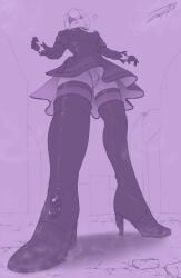 1boy 1girls ? blindfold breasts clothing female giantess jorabora light-skinned_female light-skinned_male light_skin low-angle_view macro male micro nier nier:_automata short_hair size_difference skirt thighhighs upskirt white_hair yorha_2b yorha_9s