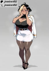 1girl ahoge ai_generated artist_name belt black_belt black_footwear black_hair black_pantyhose black_shirt blonde_hair blush breasts brown_pantyhose cleavage cleavage_cutout clothing clothing_cutout curvy dark-skinned_female dark_skin domina dyed_bangs embarrassed female footwear full_body grey_background hands_on_own_cheeks hands_on_own_face high-waist_skirt high_heels huge_breasts jacket jacket_on_shoulders jennieart02 large_breasts miniskirt multicolored_hair office_lady overwatch overwatch_2 pantyhose patreon patreon_logo patreon_username pencil_skirt shirt short_hair simple_background skirt solo standing thick_thighs thighs twitter twitter_logo twitter_username two-tone_hair watermark white_jacket white_skirt wide_hips