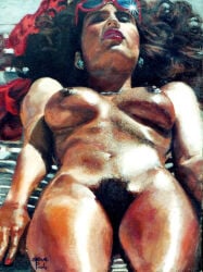 1girls 2009 big_breasts breasts brown_nipples dark-skinned_female dark_nipples dark_skin eyes_closed female nipples nude pubic_hair pussy solo tagme_(artist) traditional_media_(artwork)