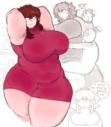 1girls 2020s 2026 2026s anon arms_behind_head arms_up auburn_hair bbw belly chubby chubby_belly chubby_female cute dialogue digital_drawing_(artwork) digital_media_(artwork) fat friday_night_funkin friday_night_funkin_mod funny girlfriend_(friday_night_funkin) hips_wider_than_shoulders huge_breasts huge_thighs hugging korean_nooby_(artist) larger_female looking_at_viewer massacre_girlfriend_(friday_night_funkin) millie_(mistful_crimson_morning) minidress mistful_crimson_morning nervous nervous_sweat oc original red_dress shy smaller_human surprised text thick thick_thighs thought_bubble tight_clothing voluptuous voluptuous_female weight_gain wide_hips