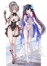 2girls beach breasts columbina_(genshin_impact) female female_focus female_only genshin_impact light-skinned_female light_skin pottsness sandrone_(genshin_impact) swimsuit thick_thighs thighhighs thighs