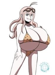1girls ahoge barbed_wire big_breasts bikini blonde_hair breasts breasts_bigger_than_head choker danganronpa danganronpa_v3 goggles goggles_on_forehead huge_breasts iruma_miu kingmelon large_breasts leopard_print leopard_print_bikini looking_at_viewer massive_breasts navel shortstack smirk solo solo_female solo_focus too_small_bikini wavy_hair