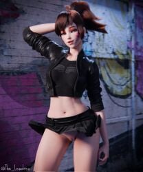 1girls 3d 3d_(artwork) absurd_res asian asian_female blender blizzard_entertainment bottomless brick_wall brown_hair brunette casual_clothes close-up crop_top cropped_jacket d.va face_markings facial_markings hana_song hi_res high_quality high_resolution highres jacket korean korean_female lewdrex light-skinned_female light_skin no_panties no_panties_under_skirt outdoors outside overwatch ponytail pose posing presenting presenting_pussy puffy_pussy pussy pussy_lips pussy_peek shaved_crotch shaved_pussy shirt short_skirt showing_off skirt smile smiling solo solo_focus tank_top tease teasing thick_thighs tiny_skirt topwear vagina wall watermark