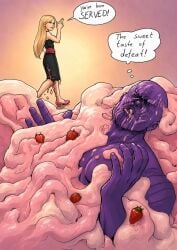 1boy 1girls artist_request blonde_female comedy defeated_villain edible_scat eyes_closed ice_cream marvel marvel_comics messy pseudo_scat purple_skin soft_serve soft_serve_(x-men) strawberry thanos word_balloon x-men