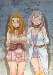 2girls arms_behind_back big_breasts black_clover bondage chains collar female female_only femsub green_eyes leash mimosa_vermillion noelle_silva orange_hair pink_eyes sengoku-kun silver_hair slave slave_collar sweat