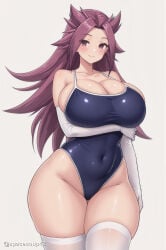 1girl ai_generated bare_shoulders blue_one-piece_swimsuit blush breasts cleavage closed_mouth collarbone competition_school_swimsuit covered_navel curvy elbow_gloves gloves highleg highleg_swimsuit huge_breasts jun'you_(kantai_collection) kantai_collection long_hair looking_at_viewer one-piece_swimsuit purple_eyes purple_hair school_swimsuit simple_background smile solo spiked_hair swimsuit thick_thighs thighhighs thighs white_background white_gloves white_thighhighs wide_hips