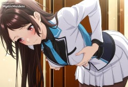 1girl ai_generated anime anime_style bent_over black_pantyhose black_shirt blue_necktie blush breasts brown_hair closed_mouth collared_shirt fanbox_username grabbing_own_breast hentai hi_res houjou_kaori indoors isekai_de_cheat_skill_wo_te_ni_shita_ore_wa_genjitsu_sekai_wo_mo_musou_suru jacket large_breasts leaning_forward long_hair long_sleeves miniskirt mystic_maidens necktie pantyhose patreon pleated_skirt red_eyes school_uniform shirt skirt solo sweatdrop white_jacket white_skirt