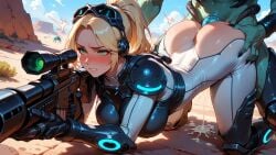 1boy1girl ai_generated alien alien_humanoid areolae armored_female big_breasts blonde_female blonde_hair breasts high_ponytail interspecies long_hair nipples nova_(starcraft) ponytail starcraft starcraft_2 tagme