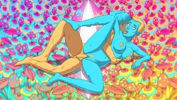 1boy 1girls blue_body booty_farm breast_grab breasts feet female game_cg male naya_(booty_farm) nipples nutaku penis psychedelic pussy sex tagme tender_troupe yellow_nipples