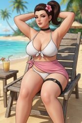 1girls 3d ai_generated armpits arms_behind_head beach belt_straps bikini black_outline blurry_background brown_eyes brunette_hair choker cleavage eyelashes eyeshadow female female_only flower_in_hair front-tie_bikini_top gemini large_breasts light-skinned_female lipstick looking_at_viewer lounge_chair midriff mole_under_eye ocean palm_leaf palm_tree ponytail rgomez007 sarong seductive_look self_upload sideboob sitting sitting_on_chair solo_female swimsuit thick_eyelashes thick_lips thick_outline thick_thighs thigh_strap tropical tropical_drink umbrella_drink underboob warm_lighting wooden_chair wooden_stool