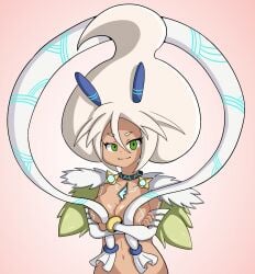1girl artist_request breasts covering_breasts green_eyes large_breasts looking_at_viewer midriff navel nude silf smile solo tagme white_hair xenoblade_(series) xenoblade_chronicles_2 zenobia_(xenoblade)