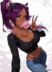 1girl 2026 ai_generated anime bangs black_nails black_panties black_shirt bleach bleach_the_thousand-year_blood_war boobs breasts bubble_blowing chewing_gum cleavage collarbone covered_nipples crop_top crossover dark-skinned_female dark_skin demon_horns denim earrings eye_contact fake_horns female female_focus hair_accessory hairband highleg highleg_panties highres horns huge_breasts jeans jewelry large_breasts long_hair long_sleeves looking_at_viewer midriff nail_polish navel nsfw panties pants parted_bangs patreon patreon_username ponytail purple_hair rognezart selfie shihouin_yoruichi shirt solo thong underwear very_long_hair yellow_eyes