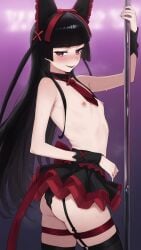 ai_generated ass black_panties blush breasts dancing flat_chest frilled_skirt garter_straps gate_-_jieitai_ka_no_chi_nite_kaku_tatakaeri gothic_lolita lipstick miniskirt necktie nipples pole pole_dancing rory_mercury small_ass small_breasts small_nipples stockings thighhighs topless