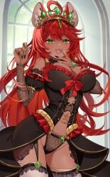 1female 1girl 1girls aliciaxlife animal_ears belly_button boobs breasts dark-skinned_female dark_skin dress female female_focus female_only green_eyes indie_virtual_youtuber indie_vtuber jewelry lace_panties long_hair painted_nails panties rat_ears red_hair ruffles solo_female thick_thighs thighhighs thighs virtual_youtuber vtuber woman