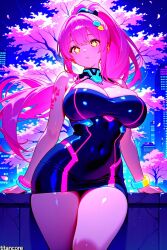 (titancore) ai_generated beautiful_girl cherry_blossoms_trees city_background cute_girl cyber_girl cybernetics cyborg_girl dress female future girl huge_breasts long_hair neon_lights pink_hair ponytail revealing_body tattooed_arm thick_thighs
