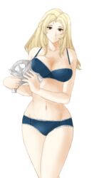 archived_source bare_shoulders blonde_hair blue_lingerie blush bra breasts brown_eyes cleavage closed_mouth collarbone curvy female fire_emblem fire_emblem_echoes:_shadows_of_valentia fire_emblem_gaiden fire_emblem_heroes headwear_removed helmet helmet_removed highres holding holding_helmet large_breasts light_blush lingerie long_hair looking_at_viewer mathilda_(fire_emblem) navel panties smile solo thighs transparent_background tridisart underwear