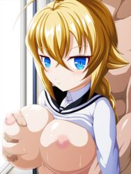 big_breasts blazblue blonde_hair blue_eyes clothed_female clothed_female_nude_male doggy_style es_(xblaze) female from_behind from_behind_position male nipples sex straight suzumori_(artist) xblaze