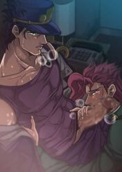 2boys abs amarans fellatio gay heavy_breathing jojo's_bizarre_adventure jotaro_kujo lowres male male/male male_only muscular_male noriaki_kakyoin oral oral_sex stardust_crusaders sweat yaoi