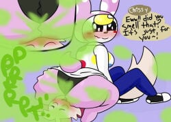 2d 2d_(artwork) animal_crossing ass ass_focus big_ass black_eyes black_panties blue_pants blush blushing blushing_hard brappycatty bubble_ass bunny_girl chrissy_(animal_crossing) facesitting fart fart_fetish farting farting_in_face female female_focus happy image light_brown_body male male_focus oc original_character panties pink_background pink_body smile sniffing_farts sunniefunnie tagme yellow_hair