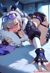 1girl ai_generated all_fours artist_name ass black_gloves black_jacket black_shorts blush breasts cleavage crossed_bangs drill_hair eyewear_on_head fingerless_gloves fur-trimmed_jacket fur_trim gloves goggles goggles_on_head grey_eyes grey_hair honkai:_star_rail hoyoverse indoors jacket long_hair looking_at_viewer mihoyo one_eye_closed patreon patreon_logo patreon_username pillow pillow_hug ponytail purple-tinted_eyewear shirt shorts silver_wolf_(honkai:_star_rail) smile solo tagme_(artist) thighs tinted_eyewear tongue tongue_out white_shirt