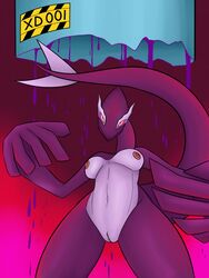 anthro breasts broken_glass dragon female genitals hi_res legendary_pokémon looking_at_viewer lugia nintendo nipples pokémorph pokemon pokemon_(species) pokemon_gsc pokemon_xd purple_body pussy red_eyes rorrek scientific_experiment shadow_lugia shadow_pokémon simple_background slime slime_girl solo video_games