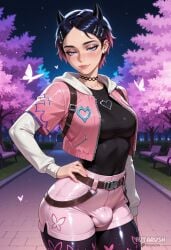 1futa ai_generated artist_name belt bench black_choker black_hair blue_eyes breasts bug bulge butterfly choker clove_(valorant) covered_penis ear_piercing futanari futarush hair_ornament hairclip hand_on_own_hip horns jacket jewelry layered_sleeves lips long_sleeves looking_at_viewer medium_breasts multicolored_hair night outdoors pantyhose patreon patreon_username piercing pink_hair pink_jacket riot_games short_hair short_over_long_sleeves shorts smile solo sultryspark two-tone_hair valorant