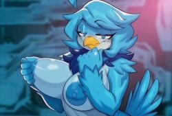 ai_generated animated anthro areola avian beak big_breasts bird blue_areola blue_body blue_breasts blue_eyes blue_feathers blue_hair blue_nipples breasts feathers female hellsonger looking_at_viewer martlet_(undertale_yellow) meme nipple_fetish nipple_play nipple_pull nipples nude questionable solo tagme undertale_yellow video yellow_beak