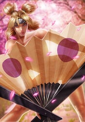 1girls ass bent_over blonde_hair cherry_blossoms covering fan female female_only folding_fan forehead_protector green_eyes headband holding_object looking_at_viewer naruto naruto_(series) naruto_shippuden ninjartist nude quad_tails realistic silhouette solo solo_female standing teasing temari tied_hair