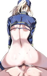 1boy ahoge artoria_pendragon ass ayakumo back baseball_cap blonde_hair blue_headwear blue_jacket cowgirl_position cropped_jacket fate/grand_order fate_(series) female hair_through_headwear hat highres jacket long_hair long_sleeves mysterious_heroine_xx_(foreigner) penis ponytail pussy sex shrug_(clothing) simple_background straddling straight thigh_strap vaginal_penetration