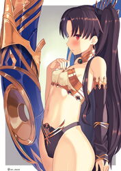 armlet asymmetrical_sleeves bangs bare_shoulders bikini black_bikini_bottom black_bow black_hair blush border bow breasts bridal_gauntlets detached_collar detached_sleeves earrings fate/grand_order fate_(series) female gradient gradient_background grey_background hair_ornament hairbow hand_on_chest hand_on_own_chest heavenly_boat_maanna high_resolution highleg highleg_bikini highleg_swimsuit hoop_earrings ishtar_(fate) jewelry long_hair looking_at_viewer navel neck_ring oz_(user_zakk5472) parted_bangs parted_lips pixiv_id_31399228 red_eyes single_detached_sleeve small_breasts solo swimsuit thighs tiara two_side_up weapon white_bikini_top white_border