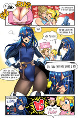 1boy 2girls big_breasts blonde_hair blue_hair breasts cleavage clothing comic crossover dialogue english_text female fire_emblem fire_emblem_awakening huge_breasts leotard link link_(breath_of_the_wild) lucina_(fire_emblem) male mario_(series) marth_(fire_emblem_awakening) mask multiple_girls nintendo nipple_bulge princess_peach sasatseng speech_bubble text the_legend_of_zelda the_wrestling_princess wrestling_outfit