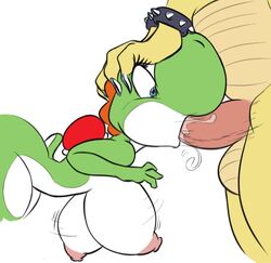 anthro balls big_breasts big_dom_small_sub bodily_fluids bowser breasts duo female genitals hand_on_head huge_breasts male mario_(series) nintendo nipples nude oral penis protagonistsub_antagonistdom saliva seii3 small_sub_big_dom straight video_games white_background yoshi