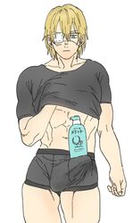 1boy abs black_shirt black_underwear blonde_hair dimitri_alexandre_blaiddyd erection erection_under_clothes eye_patch fire_emblem fire_emblem:_three_houses flat_colors looking_down male male_only muscular pose shampoo_bottle shampoo_challenge solo standing teach_me_gently white_background