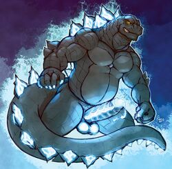 2019 5_fingers absurd_res alternate_version_at_source anthro balls bodily_fluids claws fingers genital_fluids genitals glans glowing glowing_balls glowing_claws glowing_eyes glowing_genitalia glowing_glans glowing_penis glowing_precum glowing_spikes godzilla godzilla_(series) grey_body grey_scales hi_res humanoid_genitalia humanoid_penis kaiju male male_only muscular muscular_anthro muscular_male nude omegaro penis precum scales scalie sharp_teeth smile smirk solo spiked_tail spikes teeth toho yellow_eyes