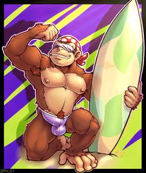 5_fingers 5_toes anthro ape armpit_hair balls_outline bandana barely_contained body_hair brown_body brown_fur clothed clothing donkey_kong_(series) eyewear fingers flexing funky_kong fur genital_outline genitals gorilla grin haplorhine hi_res holding_surfboard humanoid_genitalia humanoid_penis kneeling male male_only mammal muscular muscular_anthro muscular_male navel nintendo nipples omegaro on_one_knee outline pecs penis primate pubes smile solo sunglasses surfboard swimwear toes topless vehicle video_games watercraft