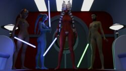 3d 4girls aayla_secura adi_gallia alexbridger alien alien_girl blue-skinned_female blue_body blue_eyes blue_skin breasts chancellor's-suite dark-skinned_female dark_room dark_skin female female_only green-skinned_female green_skin headdress indoor jedi lightsaber lineup luminara_unduli medium_breasts mirialan multiple_girls nipples nude nude_female office pose pussy red-skinned_female red_body red_skin revenge_of_the_sith shaak_ti shaved_pussy star_wars sword tholothian togruta twi'lek weapon white_lips