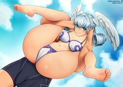 1boy 1girls bangs bikini blue_eyes blush breasts bulge cameltoe clothed clouds curly_hair feet full_nelson headwings legs light-skinned_male light_skin looking_at_viewer medium_breasts medium_hair melia_antiqua navel neocoill nintendo outdoors outside shulk_(xenoblade) silver_hair sky straight swimming_trunks thighs toes xenoblade_(series) xenoblade_chronicles