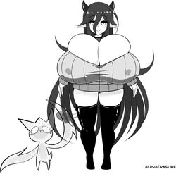 1girls alphaerasure big_breasts black_and_white clothed couple cow_girl female female_only horns huge_breasts husband_and_wife mari_(alphaerasure) overflowing_breasts slime-kun_(alphaerasure) thick_thighs tight_clothing