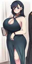 black_hair blue_eyes cleavage curvy dress elegant_dress female hair_ornament huge_breasts indoor kantai_collection looking_at_viewer mature milf ryuun_(stiil) short_hair souryuu_(kantai_collection) thick_thighs