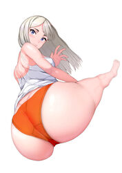 1girls ass big_ass blue_eyes eye_contact huge_ass large_ass long_hair looking_at_viewer original original_character shorts sikijou77o skj_77o thick_thighs white_background white_hair