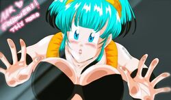 1girls against_glass big_breasts black_highlights blue_eyes blue_hair blush breast_press breasts bulchi bulma_briefs chichi cleavage dragon_ball dragon_ball_z female female_only fusion huge_breasts hypothetical_fusion metamoran_clothing milf nala1588 puckered_lips shounen_jump