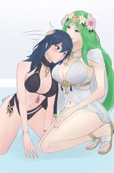 2girls bare_legs bikini black_bikini black_swimsuit blue_eyes blush byleth_(fire_emblem) byleth_(fire_emblem)_(female) byleth_(summer)_(fire_emblem)_(female) female_only fire_emblem fire_emblem:_three_houses fire_emblem_heroes flower flower_in_hair green_eyes green_hair huge_breasts large_breasts long_hair midriff multiple_girls nintendo rhea_(fire_emblem) rhea_(summer)_(fire_emblem) sandals smgold swimsuit teal_hair thick_thighs white_bikini white_swimsuit