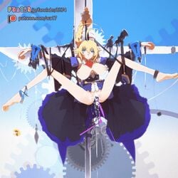 animated areolae artist_name bell belt blazblue blonde_hair blood bloody_nose blue_background blue_eyes bouncing_breasts breasts chained chains crucifixion dress es_(xblaze) eyebrows_visible_through_hair female frilled_dress frilled_skirt frills gears gif hair_between_eyes lactation large_breasts lingomogu lock loop nail nipples object_insertion open_clothes open_mouth ponytail restrained sex_machine skirt solo stationary_restraints tied_hair ugoira vaginal_object_insertion vaginal_penetration wawa wawa_(lingomogu) xblaze