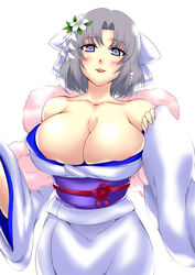 akino_(gokosei) akino_ex alternate_breast_size big_breasts blue_eyes breasts clothed_female female female_only grey_hair huge_breasts large_breasts senran_kagura short_hair solo solo_female yumi_(senran_kagura)