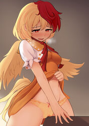 bird_tail bird_wings blonde_hair blush breasts crotch_rub dress feathered_wings female grey_background highres kutaka_niwatari masturbation medium_breasts multicolored_hair nama_shirasu orange_dress panties pussy_juice red_eyes red_hair red_neckwear shirt short_hair short_sleeves solo standing table table_humping touhou two-tone_hair underwear wings yellow_panties