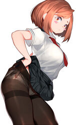 1girls blank_background brown_eyes brown_hair female large_breasts looking_at_viewer my_hero_academia ochako_uraraka panties panties_under_pantyhose pantyhose rosy_cheeks school_uniform simple_background skirt skirt_lift solo solo_female solo_focus stockings thighs tie visible_underwear white_background xiaoshou_xiansheng