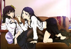 2girls akiko_yosano bungo_stray_dogs clothing couch feeding looking_at_viewer mole_under_eye naomi_tanizaki official_art