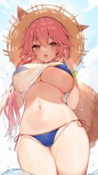 :o animal_ears backlighting bikini bikini_under_clothes blue_bikini blue_sky blush breasts brown_eyes brown_headwear cowboy_shot day ears_through_headwear fate/extra fate_(series) female food fox_ears fox_girl fox_tail from_below fruit groin large_breasts lifted_by_self long_hair looking_at_viewer looking_down muryotaro navel oerba_yun_fang open_mouth orange_ribbon outdoors pink_hair ribbon see-through shirt shirt_lift side-tie_bikini skin_fang sky solo stomach strawberry sunlight swimsuit tail tamamo_no_mae_(fate) tamamo_no_mae_(swimsuit_lancer) thigh_gap thighs underboob very_long_hair wet wet_clothes wet_shirt white_shirt